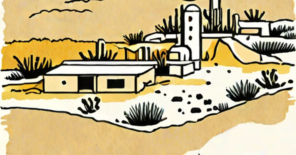 Desert adobe pueblo building surrounded by yucca and rolling dunes