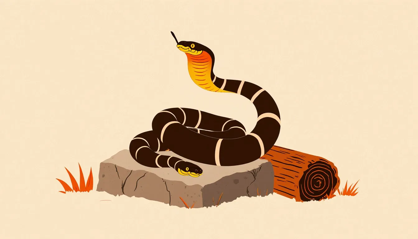 A ring-necked snake coils on a garden stone, its tail curled to reveal a bright orange underside.