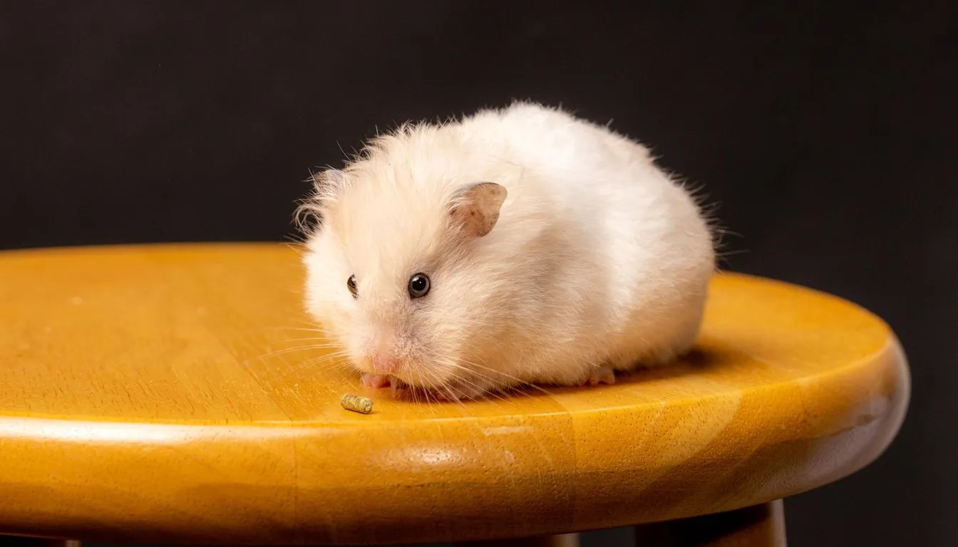 A cream Syrian hamster eating a seed on a wooden stool