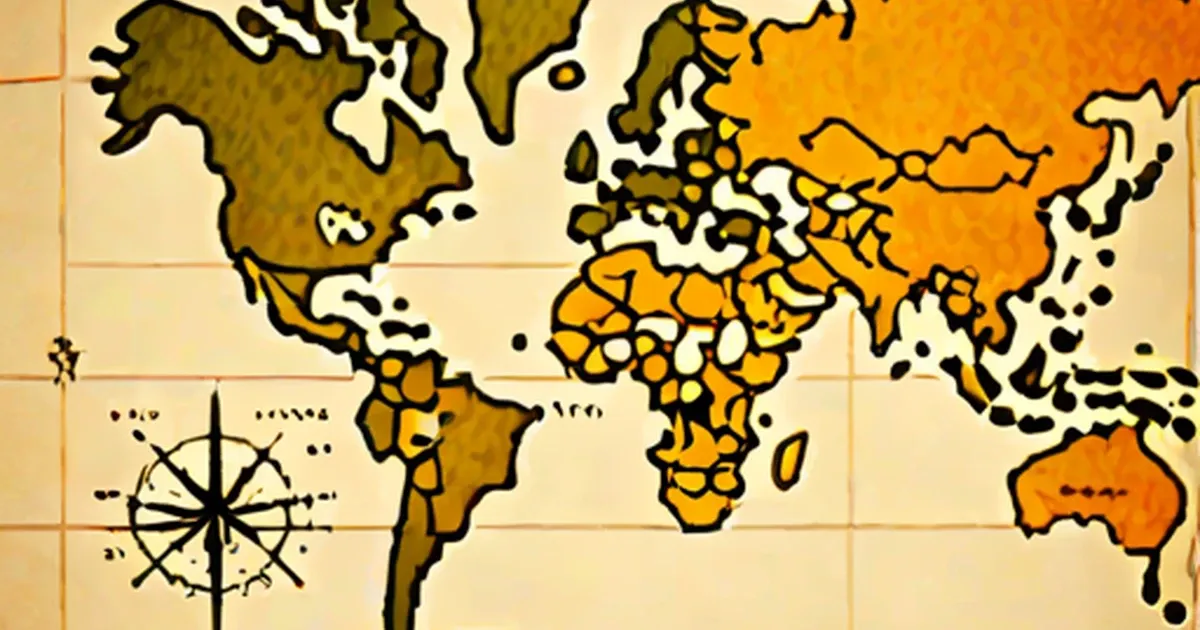 Sixteenth-century Piri Reis Map with continents in gold tones and a compass rose