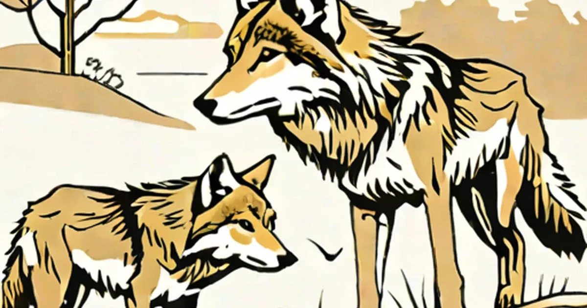 Adult wolf and pup in a woodland landscape