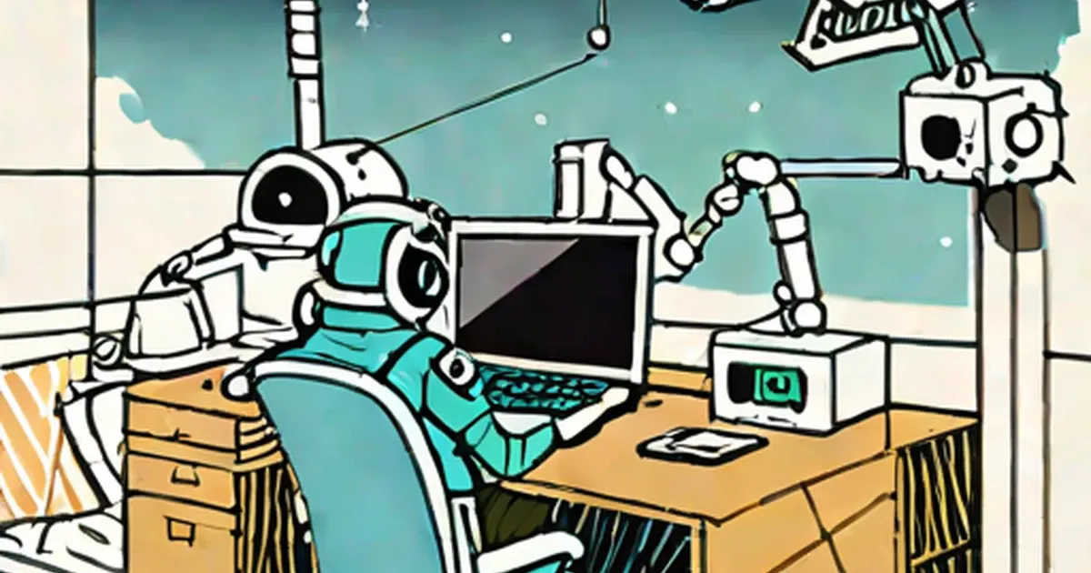 Astronaut in turquoise suit at desk with laptop inside space station