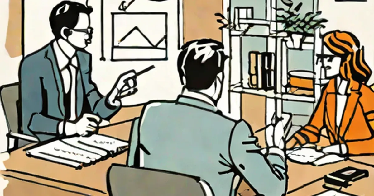 Three professionals engaged in discussion at an office desk