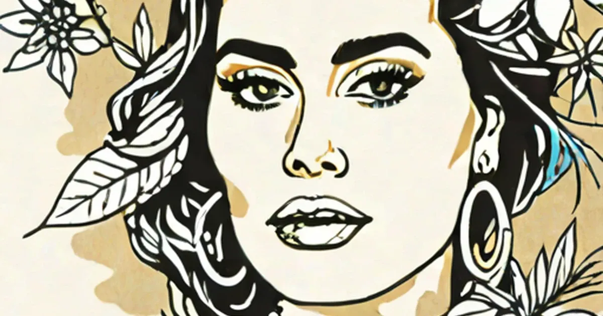 Stylized woman’s portrait with tropical florals in bold black, gold, and cream