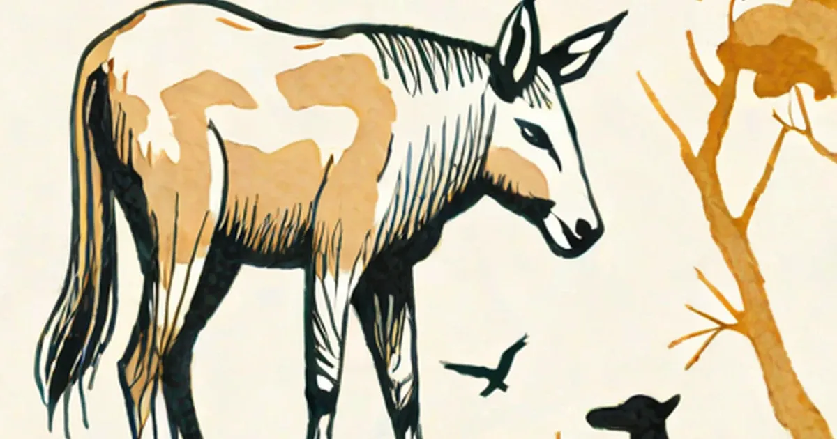 Goat in tan and black tones with birds and bare tree branch