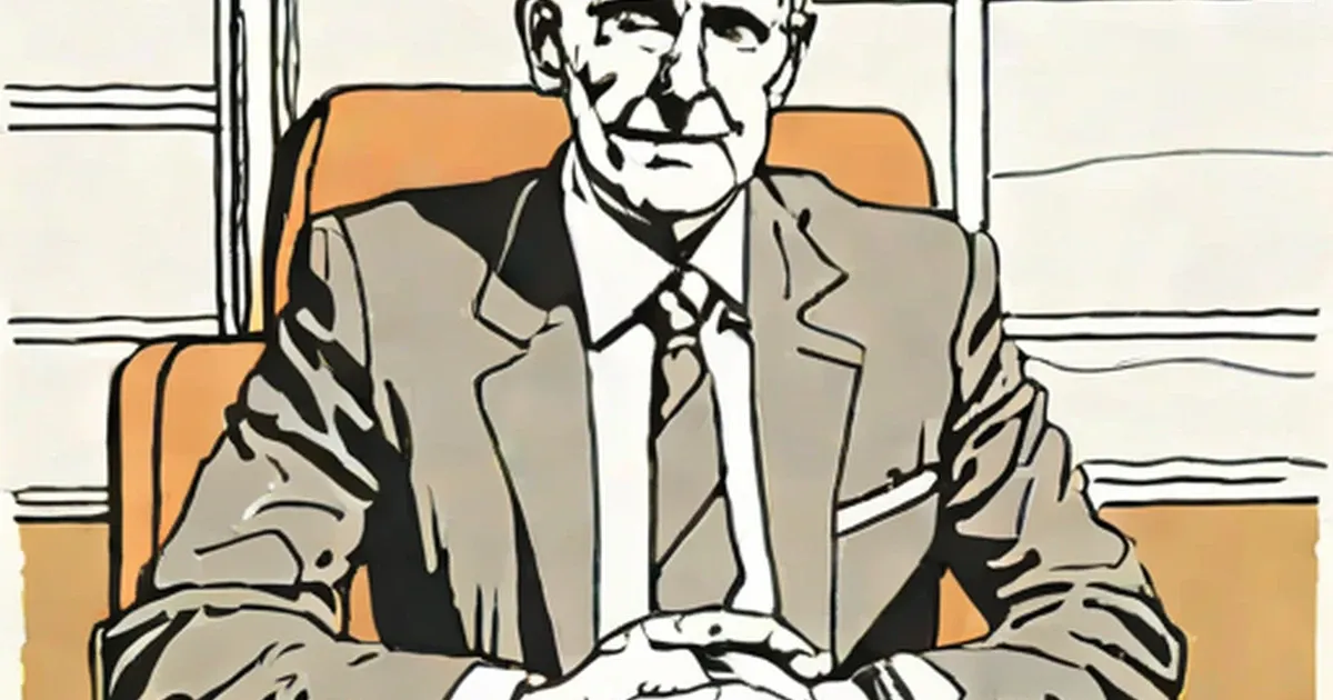 Peter Ebdon in beige suit and black tie, seated in an orange chair, illustration