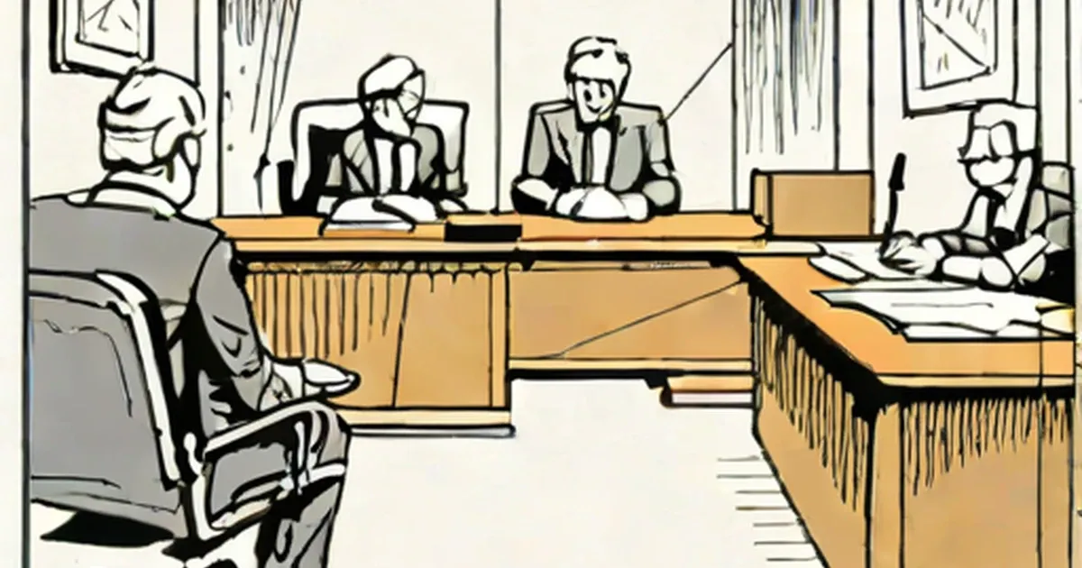 Stylized illustration of men in business suits at a wooden conference table