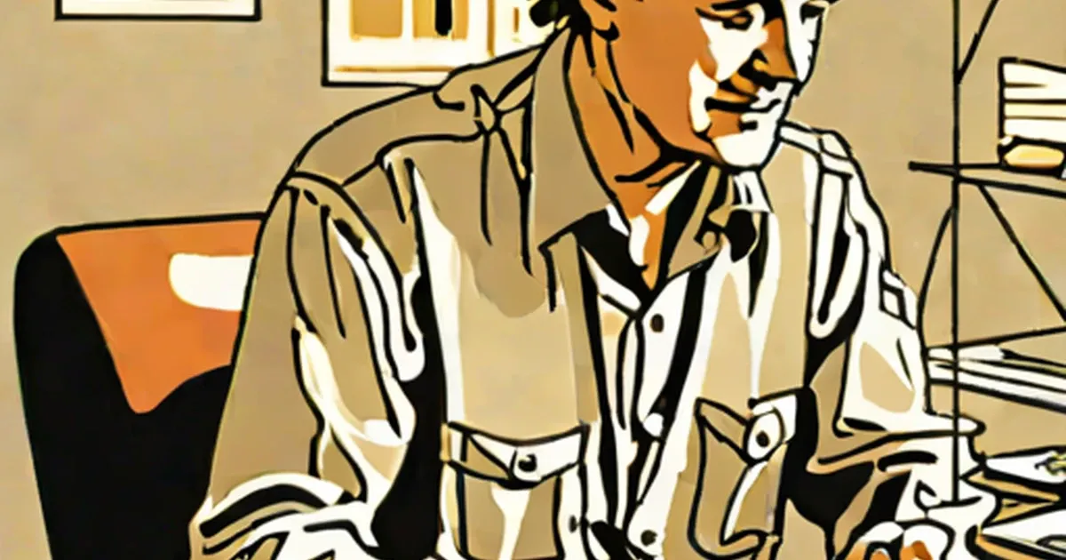 Man with orange hair in suit gesturing in office, retro illustration style