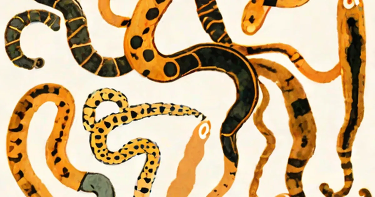 Parasitic worms illustrated in orange, yellow, and black