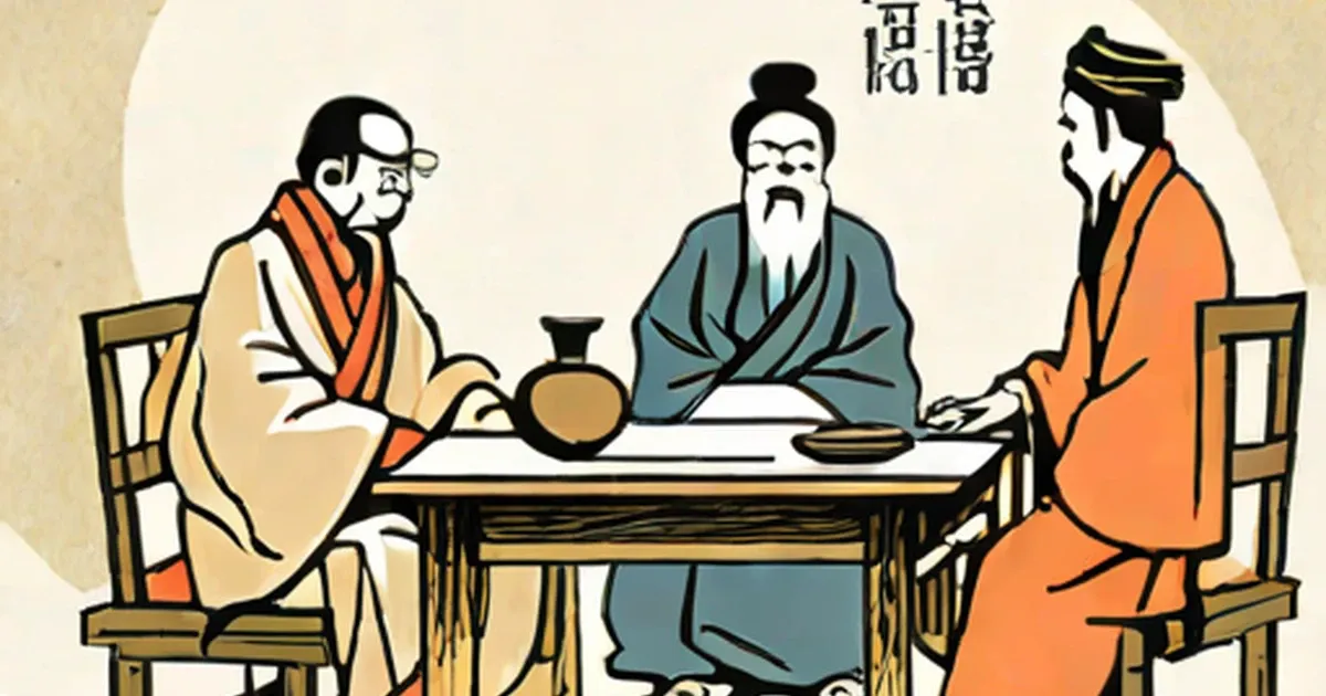 Three Confucian scholars in traditional robes around a table