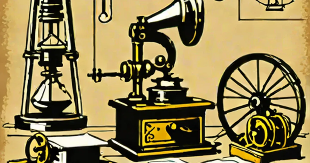 Line drawing of 1800s scientific instruments and industrial machinery with microscope, gears, and mechanical equipment