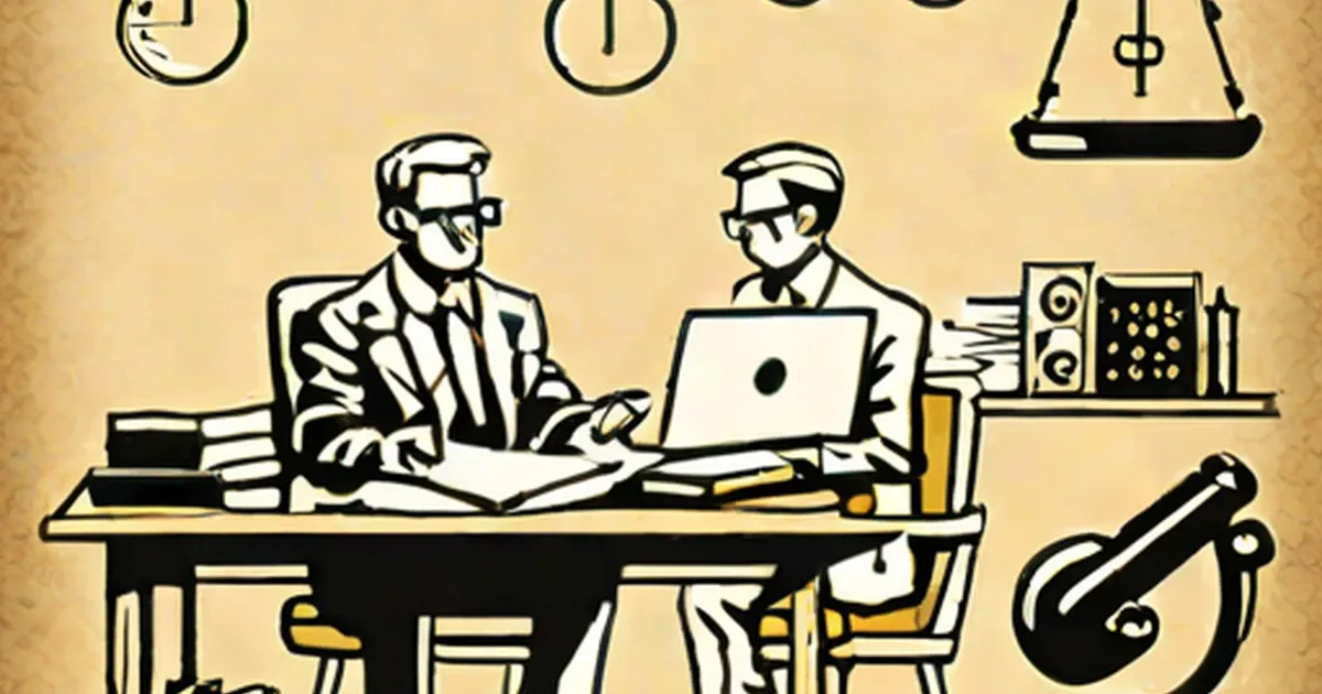 Vintage line drawing of two men at a desk surrounded by mechanical tools and devices