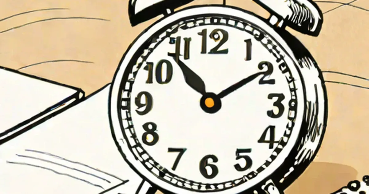 Illustrated alarm clock with twin bells and a pointing hand