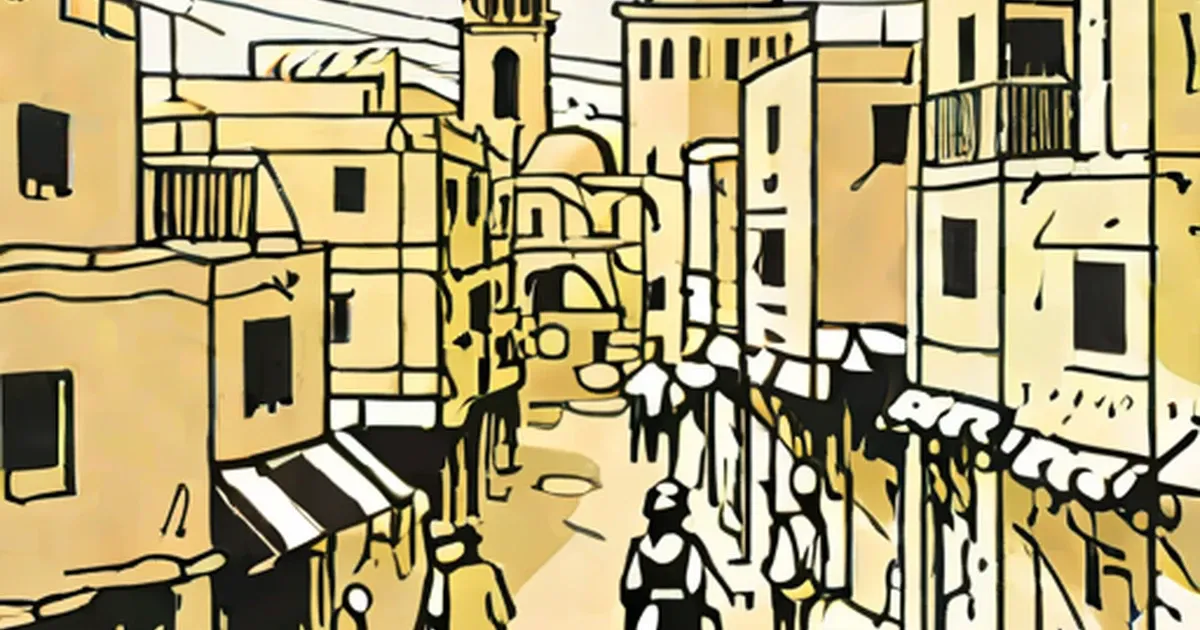 Illustrated Iraqi city street with traditional architecture and minarets