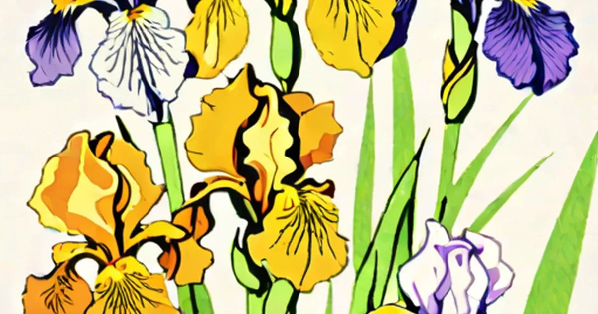 Illustrated irises in shades of yellow, purple, blue, orange and white
