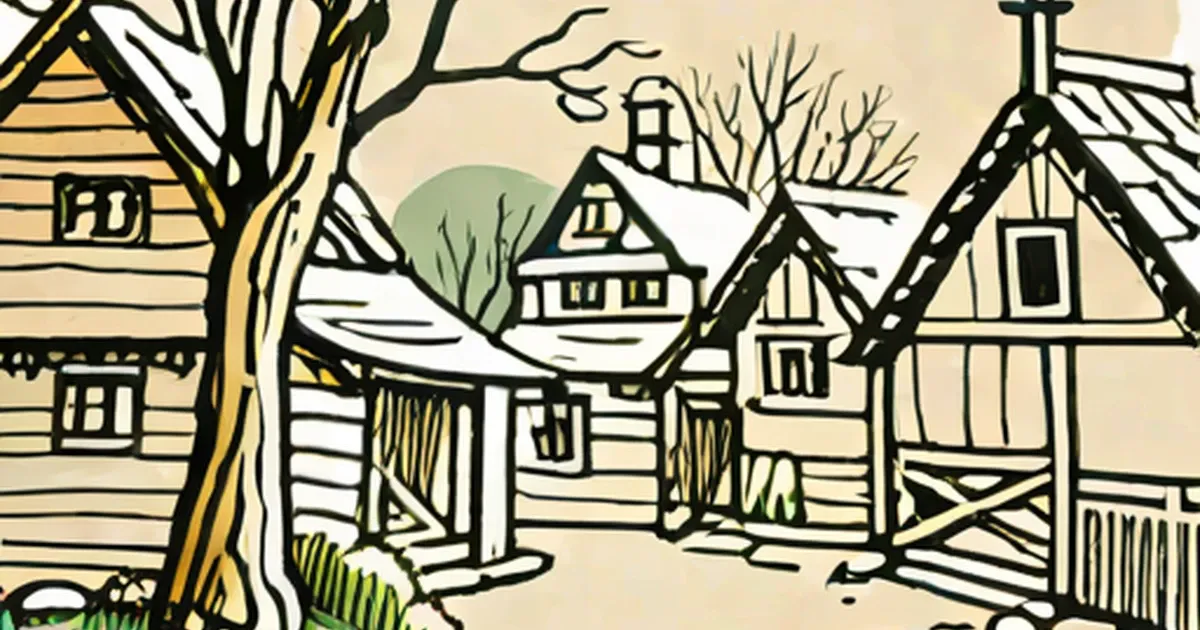 Stylized drawing of a snowy village with wooden houses and a church steeple