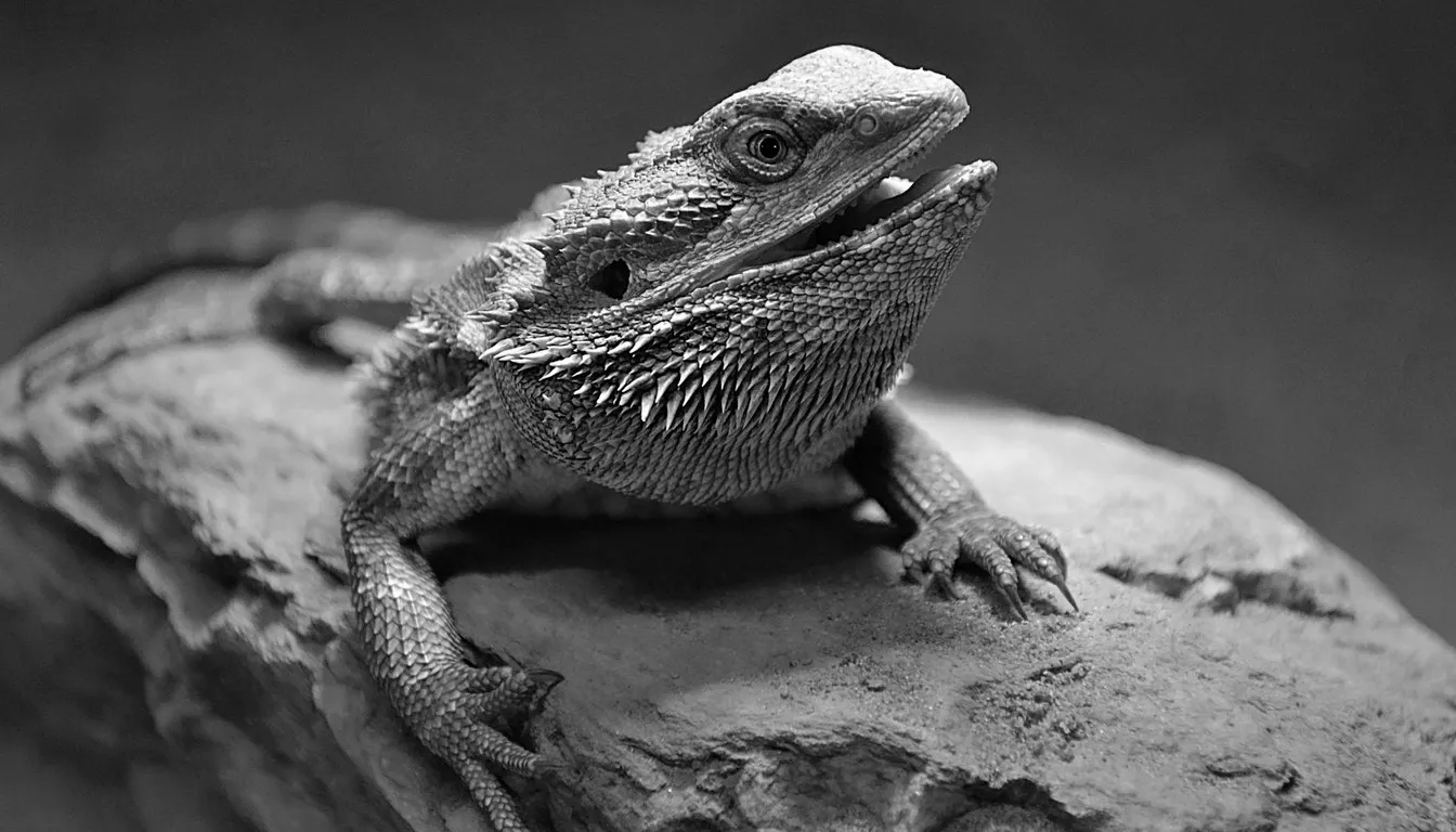 A bearded dragon resting on a rock, in black and white