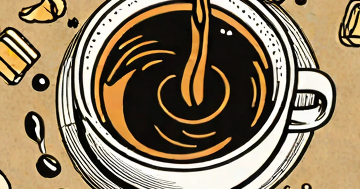 Dark coffee illustrated from above in a white cup with steam swirls