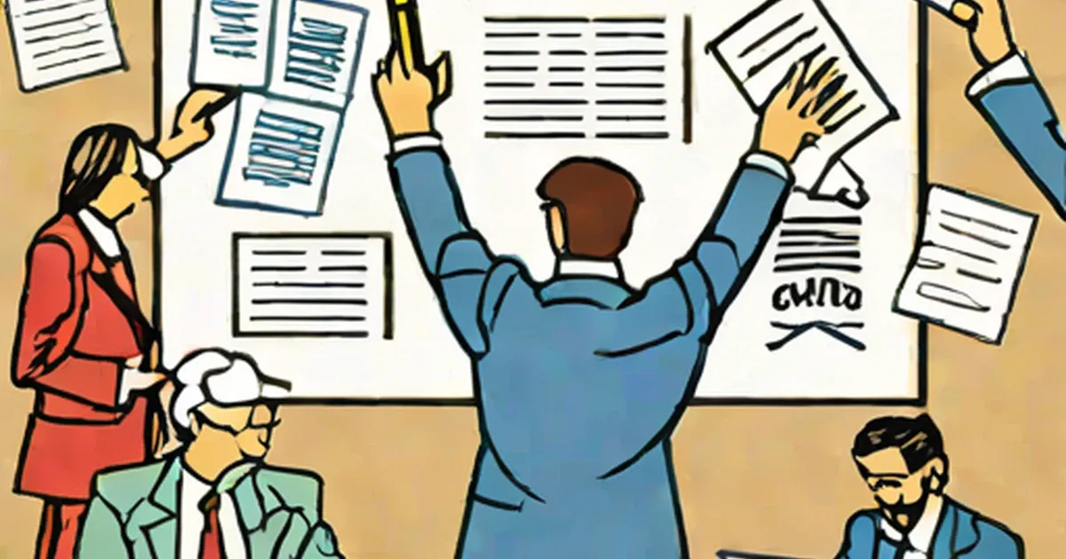 Businessman with raised arms among colleagues and scattered financial documents