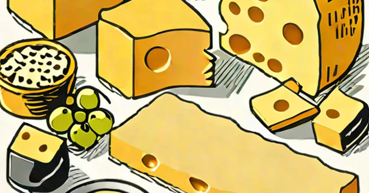 Assorted cheese blocks and slices in yellow and orange tones arranged with green grapes