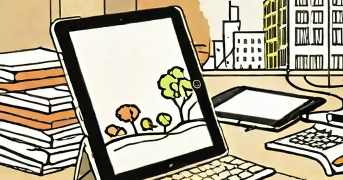 Tablet with landscape scene displayed on screen, surrounded by books and office items