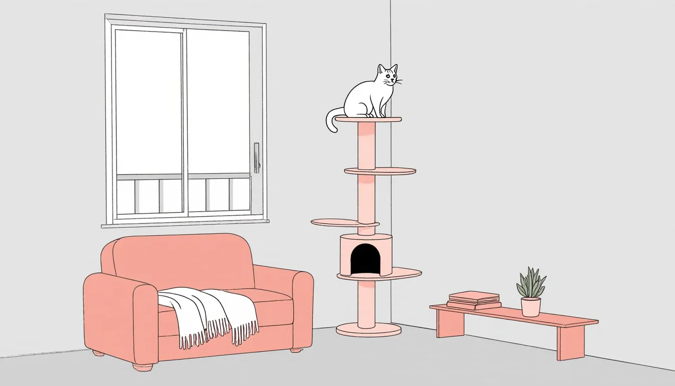 A cat perched on a tall cat tree beside a window in a small, cozy apartment living room.