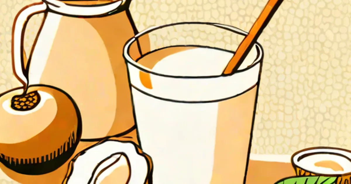 Glass of soy milk with straw next to a soy milk carton and soybeans