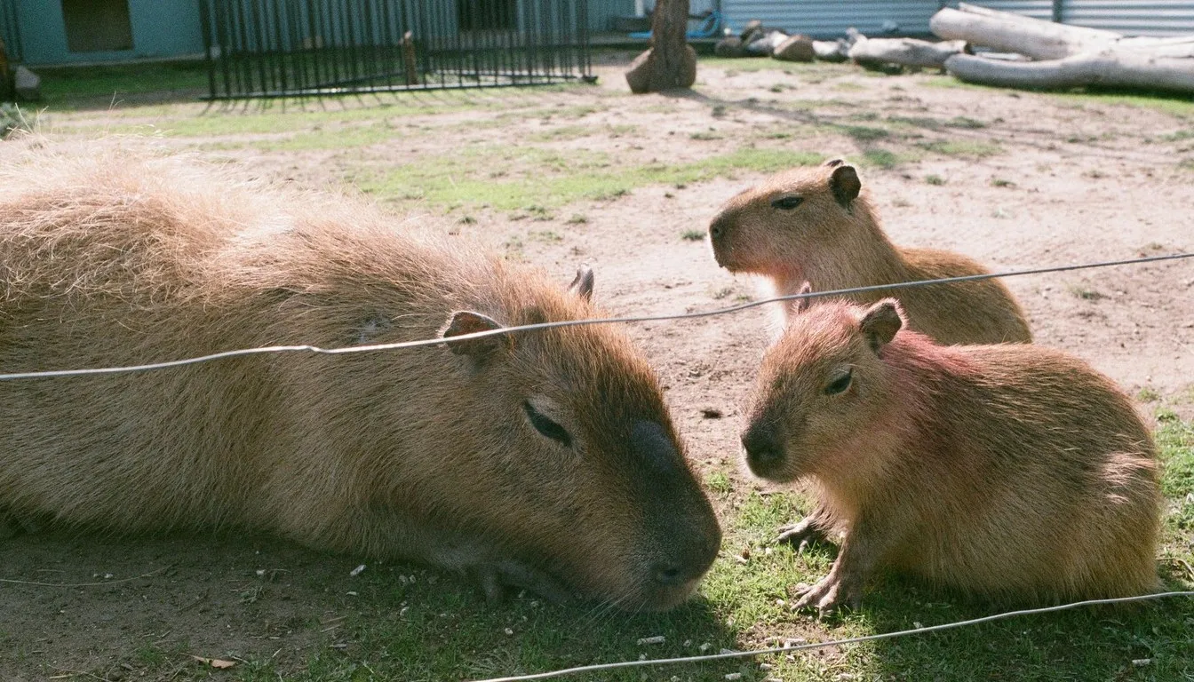 Three capybaras resting together on grass in an enclosure