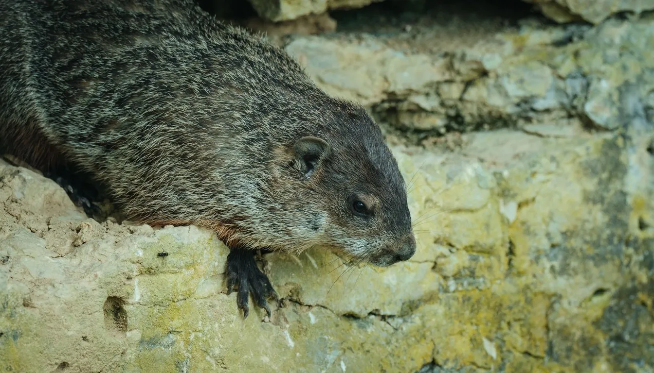 A groundhog foraging beside a stone wall