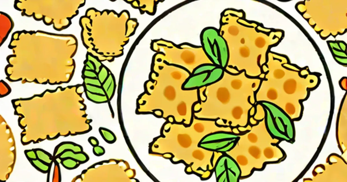 Illustrated square ravioli with orange spots and basil garnish