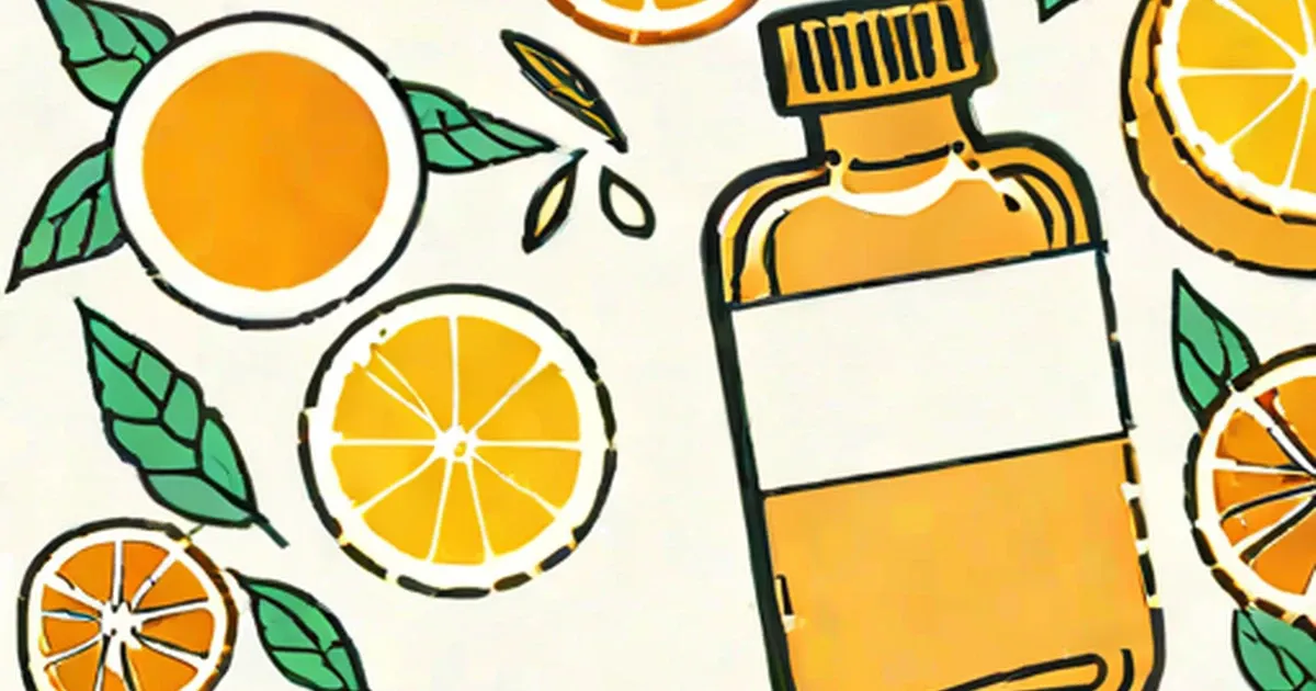 Citrus fruits and leaves beside a yellow vitamin supplement bottle