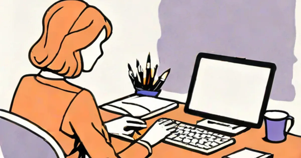 Illustration of woman at desk using laptop for online messaging