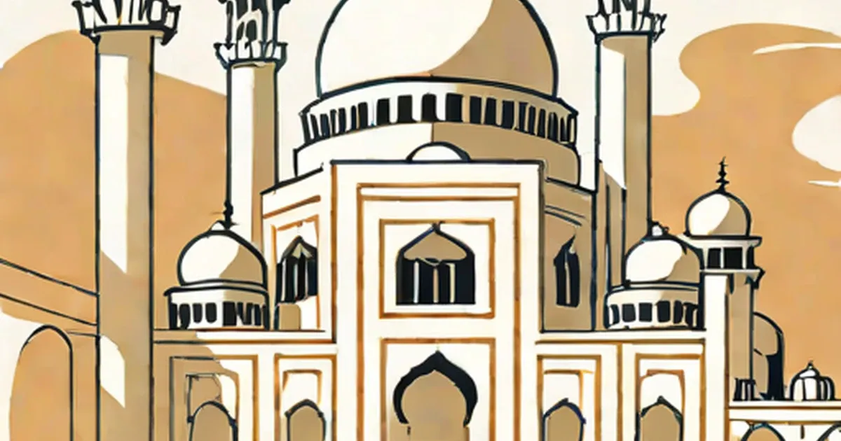 Stylized illustration of a mosque with domes, minarets, and geometric archways in gold and black