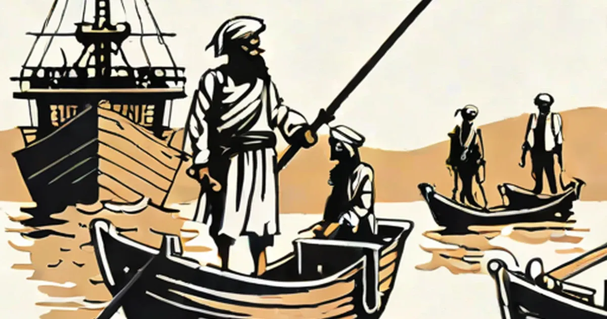 Silhouetted pirates with a sailing ship and small boats on a sandy shore