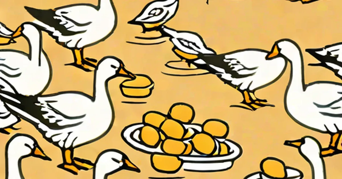 Cartoon geese with yellow beaks gathered around a plate of golden eggs