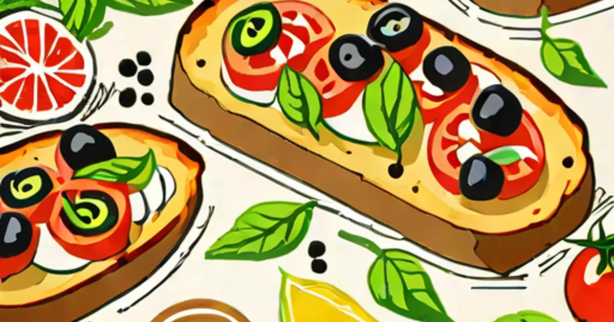 Toasted bread slices topped with tomato, olives, and basil