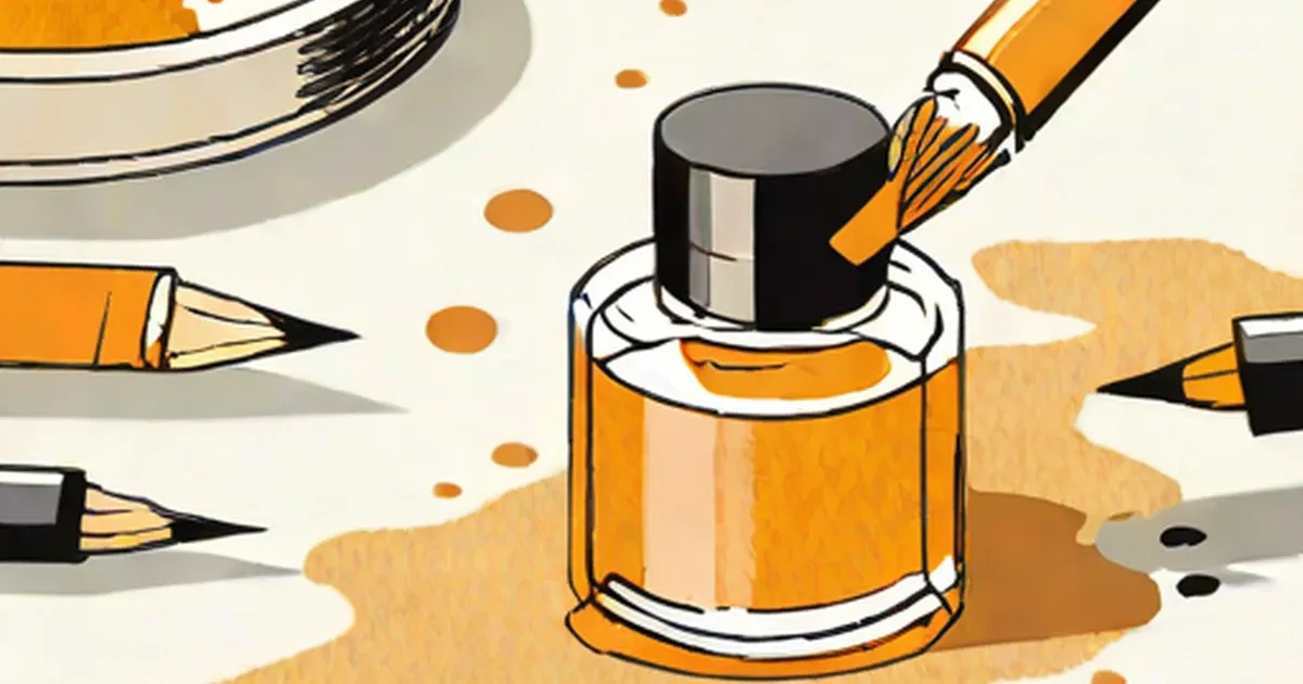Orange itching powder container with black lid surrounded by brushes and particles