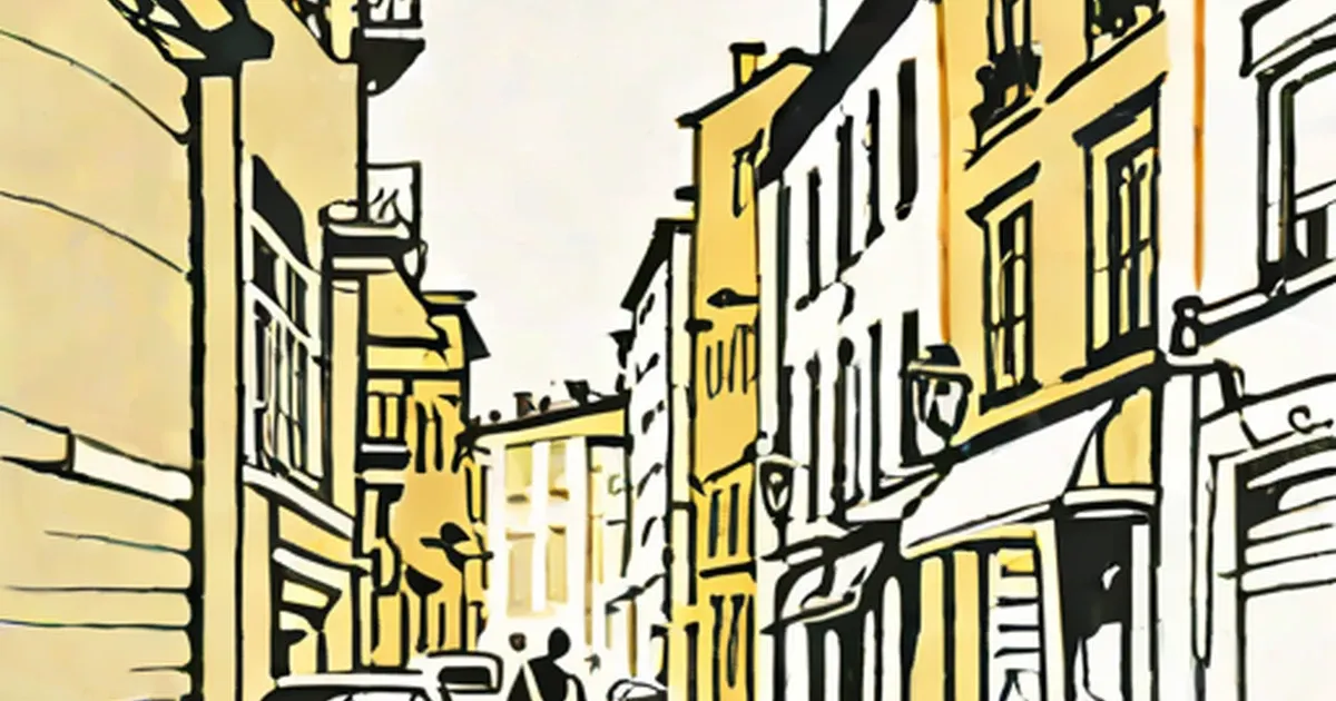 European street scene with yellow buildings in a line-drawn illustration