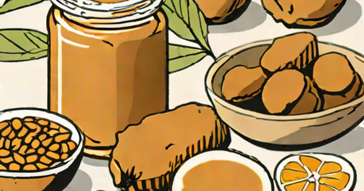 Jaggery presented as solid blocks in a bowl and liquid in a jar, with ginger and citrus