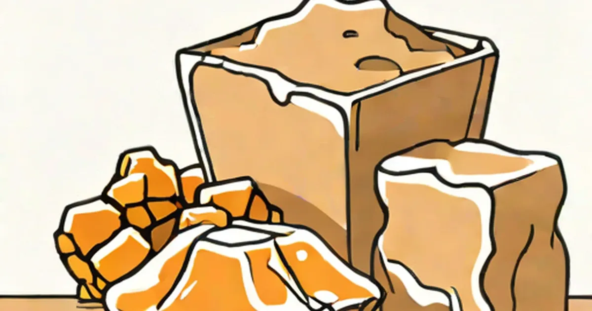 Blocks of tan jaggery beside golden sugar crystals