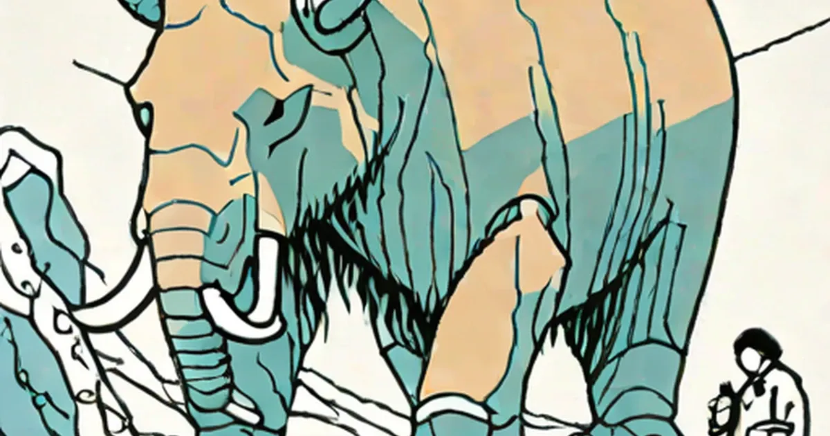 Woolly mammoth illustration with curved tusks and a human figure for scale