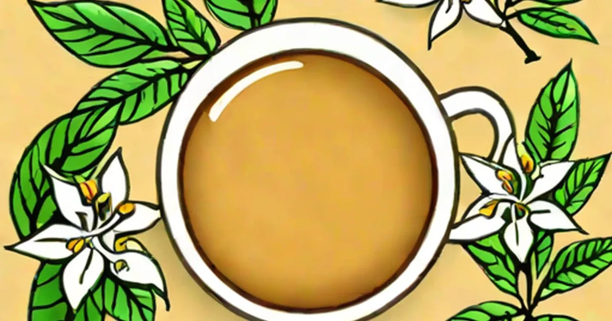 Cup of golden tea surrounded by white jasmine flowers and green leaves against a yellow background