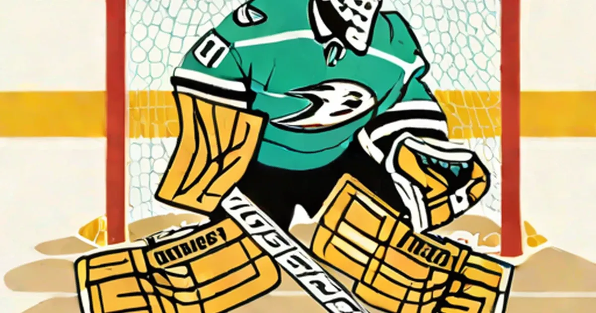 Cartoon goaltender in teal Ducks colors with yellow pads defending goal