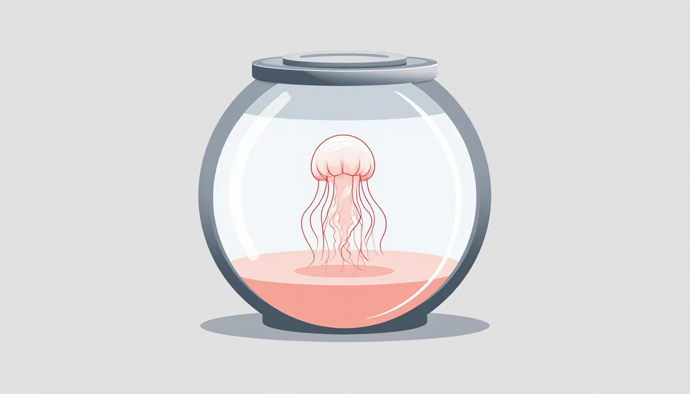A translucent jellyfish floating inside a round specialized aquarium tank