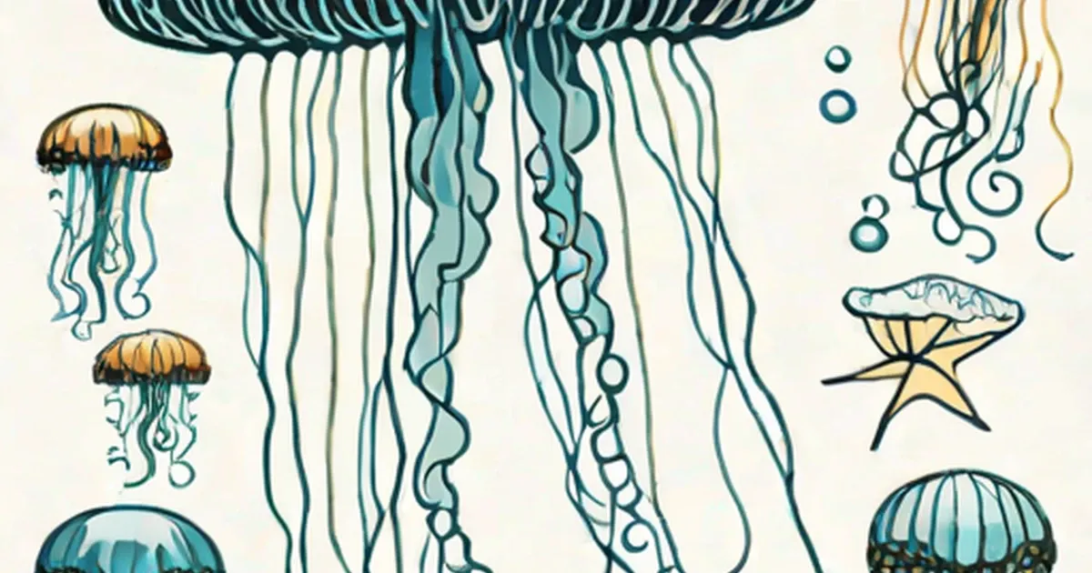 Jellyfish of various sizes with flowing tentacles illustrated in blue and orange