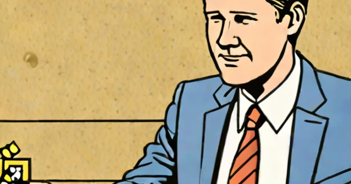 Illustrated portrait of a man in a blue blazer and orange tie