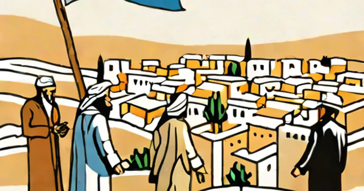 Illustrated Middle Eastern settlement with white buildings, cacti, and figures in traditional dress