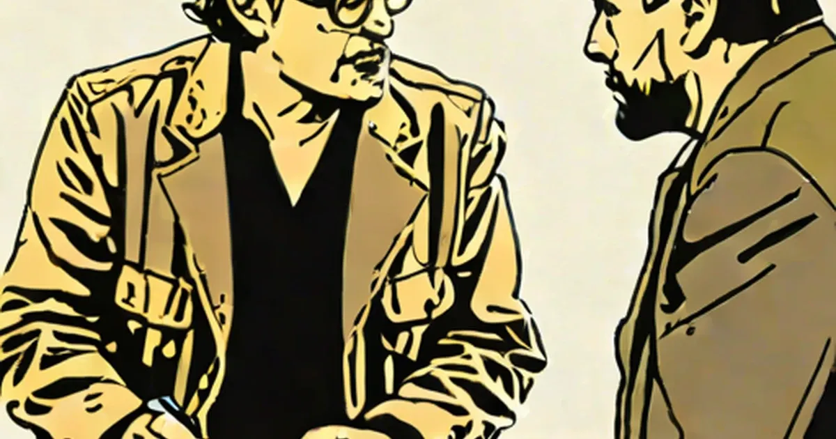 Stylized illustration of two figures in conversation rendered in gold and olive tones
