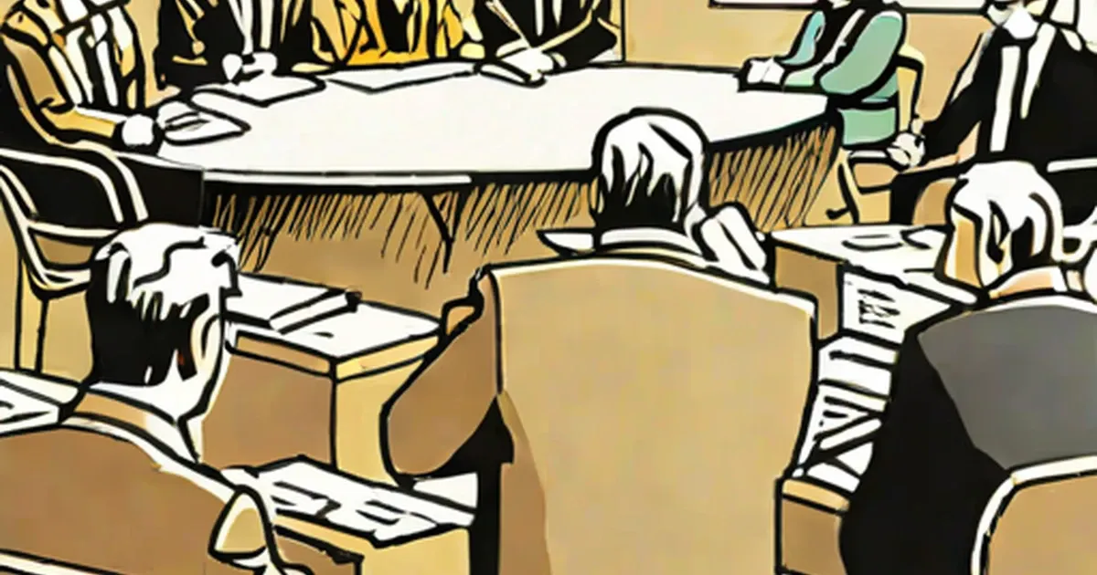 Illustrated meeting of men in suits seated at a table with documents