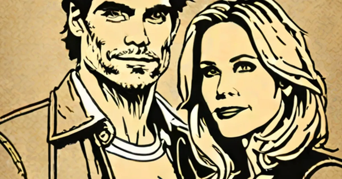 Illustrated portraits of Johnathon Schaech and Christina Applegate